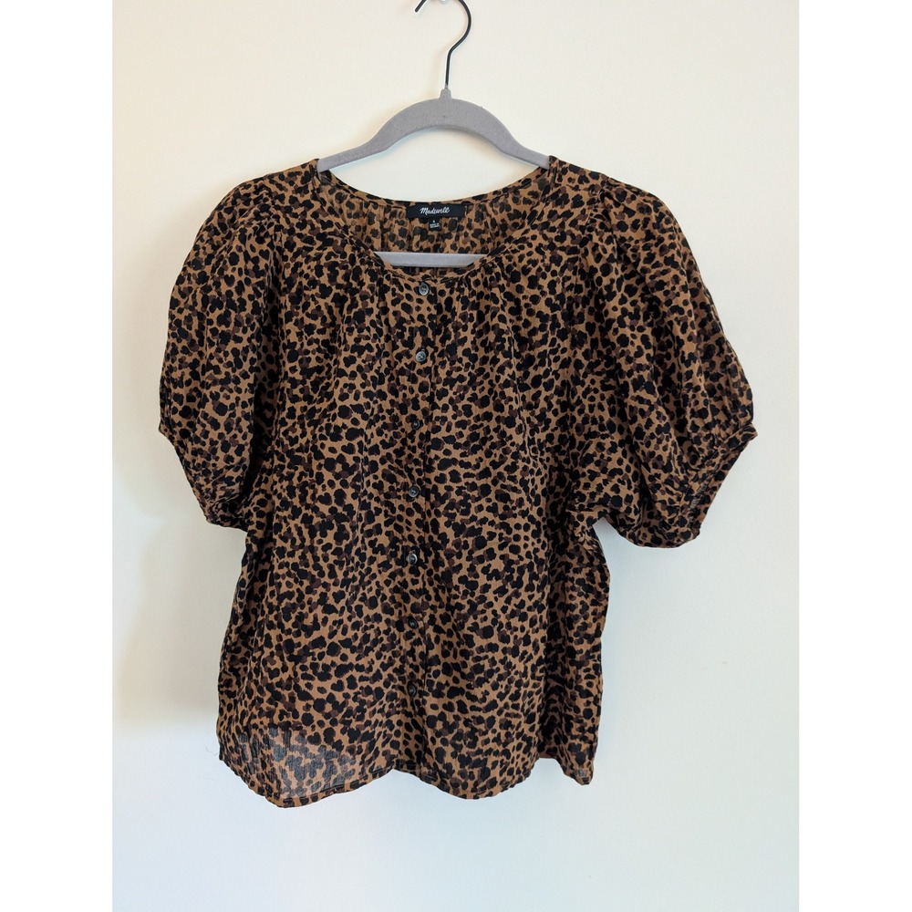 Madewell Leopard Balloon Sleeve Button Up Top painted leopard Small neutral
